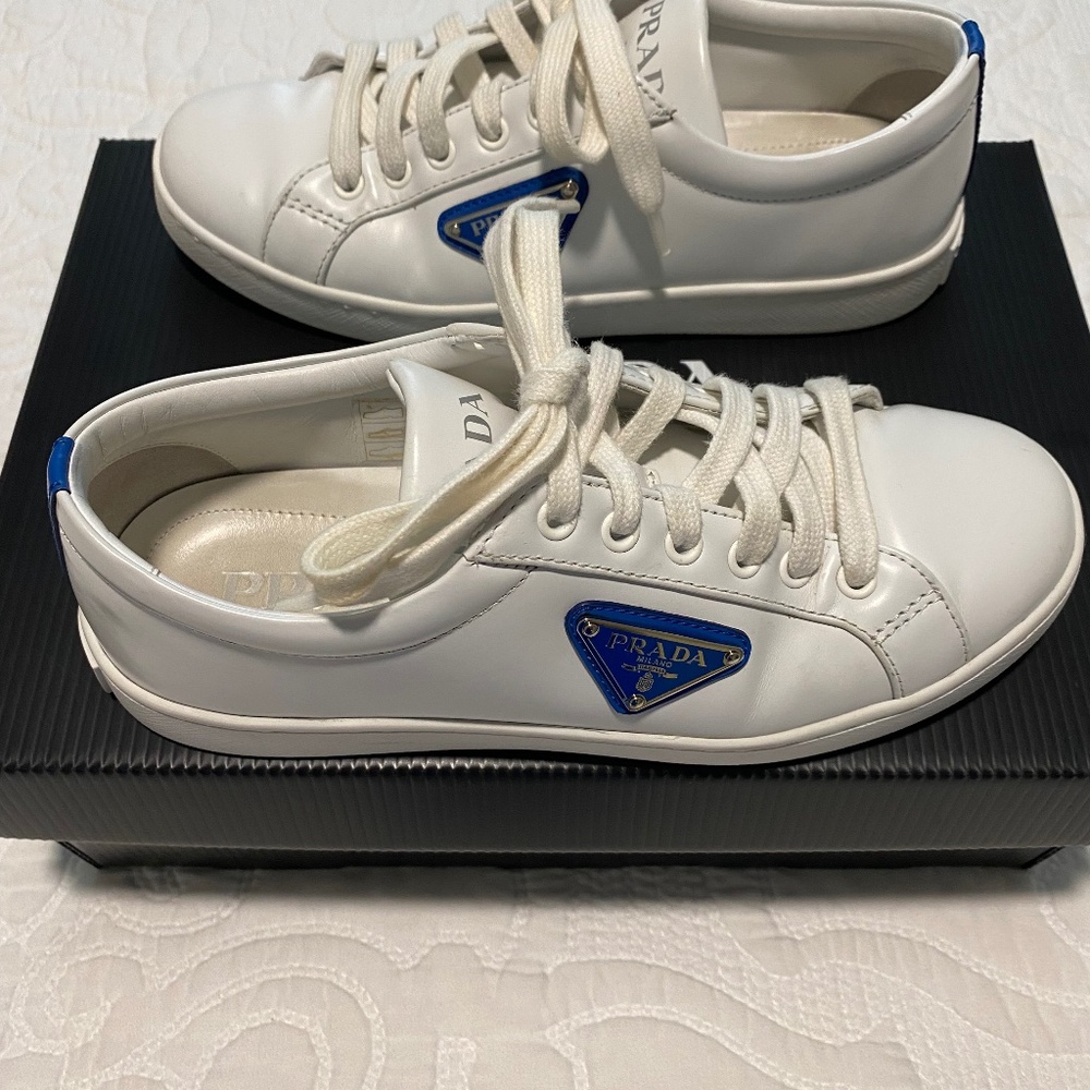 Prada Sneakers with Silver/Blue Triangle Logos